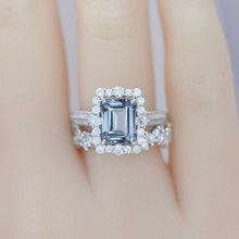 Load image into Gallery viewer, 2Ct Genuine Natural Aquamarine Engagement Ring Halo Emerald Cut Genuine Natural Aquamarine Engagement Ring, 8x6mm Step Cut Genuine Natural Aquamarine Engagement Ring with Eternity Band
