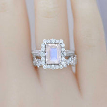 Load image into Gallery viewer, 2Ct Genuine moonstone Engagement Ring Halo Emerald Cut Genuine moonstone Engagement Ring, 8x6mm Step Cut Genuine moonstone Engagement Ring with Eternity Band