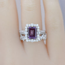 Load image into Gallery viewer, 3Ct Alexandrite Engagement Ring Halo Emerald Cut Alexandrite Engagement Ring, 9x7mm Step Cut Alexandrite Engagement Ring with Eternity Band