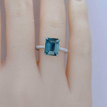 Load image into Gallery viewer, 5ct Emerald Shaped Step Cut Teal Sapphire Ring, 5 Carat Teal Sapphire Engagement Ring, Moissanite Pave Accent Stones Hidden Halo Ring