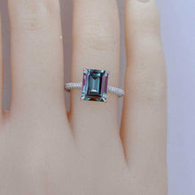 Load image into Gallery viewer, 5ct Emerald Shaped Step Cut Alexandrite Ring, 5 Carat Alexandrite Engagement Ring, Moissanite Pave Accent Stones Hidden Halo Ring