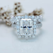 Load image into Gallery viewer, 3Ct Moissanite Engagement Ring Halo Radiant Cut Moissanite Engagement Ring, 9x7mm Radiant Cut Moissanite Engagement Ring with Eternity Band