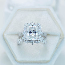 Load image into Gallery viewer, 3Ct Moissanite Engagement Ring Halo Radiant Cut Moissanite Engagement Ring, 9x7mm Radiant Cut Moissanite Engagement Ring with Eternity Band