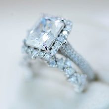 Load image into Gallery viewer, 3Ct Moissanite Engagement Ring Halo Radiant Cut Moissanite Engagement Ring, 9x7mm Radiant Cut Moissanite Engagement Ring with Eternity Band