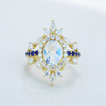 Load image into Gallery viewer, 2 Carat Oval Moonstone Diamond Sapphire Halo Engagement Gold Ring