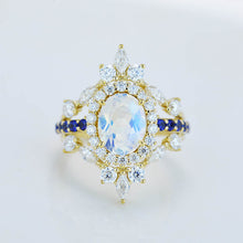 Load image into Gallery viewer, 2 Carat Oval Moonstone Diamond Sapphire Halo Engagement Gold Ring