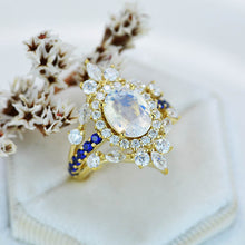 Load image into Gallery viewer, 2 Carat Oval Moonstone Diamond Sapphire Halo Engagement Gold Ring