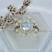 Load image into Gallery viewer, 2 Carat Oval Moonstone Diamond Sapphire Halo Engagement Gold Ring