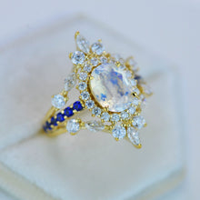 Load image into Gallery viewer, 2 Carat Oval Moonstone Diamond Sapphire Halo Engagement Gold Ring