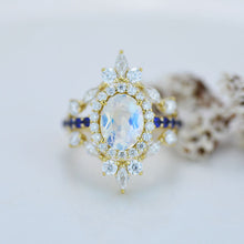 Load image into Gallery viewer, 2 Carat Oval Moonstone Diamond Sapphire Halo Engagement Gold Ring