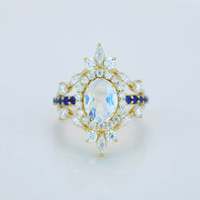 Load image into Gallery viewer, 2 Carat Oval Moonstone Diamond Sapphire Halo Engagement Gold Ring
