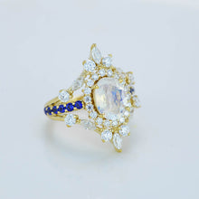 Load image into Gallery viewer, 2 Carat Oval Moonstone Diamond Sapphire Halo Engagement Gold Ring