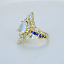 Load image into Gallery viewer, 2 Carat Oval Moonstone Diamond Sapphire Halo Engagement Gold Ring