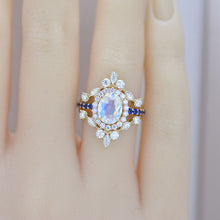 Load image into Gallery viewer, 2 Carat Oval Moonstone Diamond Sapphire Halo Engagement Gold Ring