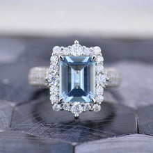 Load image into Gallery viewer, 3Ct Genuine Aquamarine Engagement Ring Halo Emerald Step Cut Aquamarine Engagement Ring