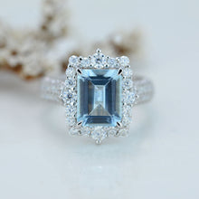 Load image into Gallery viewer, 3Ct Genuine Aquamarine Engagement Ring Halo Emerald Step Cut Aquamarine Engagement Ring