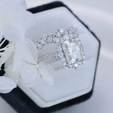 Load image into Gallery viewer, 3Ct Moissanite Engagement Ring Halo Radiant Cut Moissanite Engagement Ring, 9x7mm Radiant Cut Moissanite Engagement Ring with Eternity Band