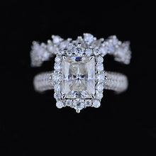 Load image into Gallery viewer, 3Ct Moissanite Engagement Ring Halo Radiant Cut Moissanite Engagement Ring, 9x7mm Radiant Cut Moissanite Engagement Ring with Eternity Band