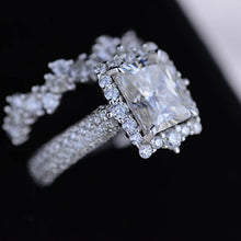 Load image into Gallery viewer, 3Ct Moissanite Engagement Ring Halo Radiant Cut Moissanite Engagement Ring, 9x7mm Radiant Cut Moissanite Engagement Ring with Eternity Band