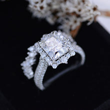 Load image into Gallery viewer, 3Ct Moissanite Engagement Ring Halo Radiant Cut Moissanite Engagement Ring, 9x7mm Radiant Cut Moissanite Engagement Ring with Eternity Band