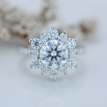 Load image into Gallery viewer, 2 Carat Round Moissanite Snowflake Halo Engagement Ring. Victorian 14K White Gold Ring