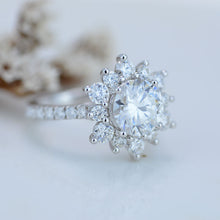 Load image into Gallery viewer, 2 Carat Round Moissanite Snowflake Halo Engagement Ring. Victorian 14K White Gold Ring