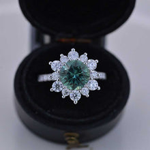 Load image into Gallery viewer, 2 Carat Round Teal Sapphire Snowflake Halo Engagement Ring. Victorian 14K White Gold Ring