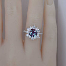 Load image into Gallery viewer, 2 Carat Round Alexandrite Snowflake Halo Engagement Ring. Victorian 14K White Gold Ring Set