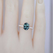 Load image into Gallery viewer, 2 Carat Teal Sapphire Oval Cut Hidden Halo Rose Gold Engagement Ring