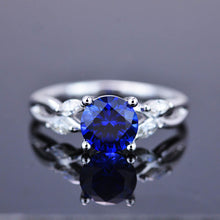 Load image into Gallery viewer, 2Ct Round Sapphire Vintage Engagement Ring, Royal Blue Sapphire Engagement Ring, Marquise Side Accents Stones 14K White Gold Ring