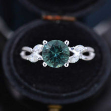 Load image into Gallery viewer, 2Ct Round Teal Sapphire Vintage Engagement Ring, Teal Sapphire Engagement Ring, Marquise Side Accents Stones 14K White Gold Ring