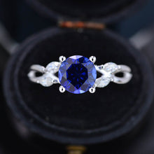 Load image into Gallery viewer, 2Ct Round Sapphire Vintage Engagement Ring, Royal Blue Sapphire Engagement Ring, Marquise Side Accents Stones 14K White Gold Ring
