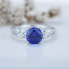 Load image into Gallery viewer, 2Ct Round Sapphire Vintage Engagement Ring, Royal Blue Sapphire Engagement Ring, Marquise Side Accents Stones 14K White Gold Ring