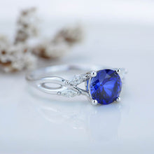Load image into Gallery viewer, 2Ct Round Sapphire Vintage Engagement Ring, Royal Blue Sapphire Engagement Ring, Marquise Side Accents Stones 14K White Gold Ring