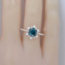 Load image into Gallery viewer, 3 Carat Hexagon Teal Sapphire Snowflake Halo Engagement Ring. Victorian 14K Rose Gold Ring