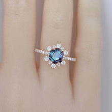 Load image into Gallery viewer, 3 Carat Hexagon Alexandrite Snowflake Halo Engagement Ring. Victorian 14K Rose Gold Ring