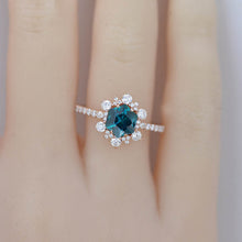 Load image into Gallery viewer, 3 Carat Hexagon Teal Sapphire Snowflake Halo Engagement Ring. Victorian 14K White Gold Ring