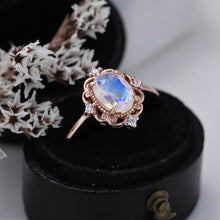 Load image into Gallery viewer, 14K Solid Rose Gold Dainty Natural Moonstone Ring, 2ct Oval Cut Moonstone Ring, Rose Gold Ring Unique Oval Halo Vintage Ring.