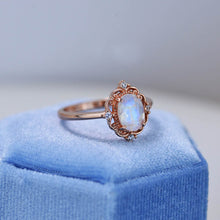 Load image into Gallery viewer, 14K Solid Rose Gold Dainty Natural Moonstone Ring, 2ct Oval Cut Moonstone Ring, Rose Gold Ring Unique Oval Halo Vintage Ring.