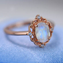 Load image into Gallery viewer, 14K Solid Rose Gold Dainty Natural Moonstone Ring, 2ct Oval Cut Moonstone Ring, Rose Gold Ring Unique Oval Halo Vintage Ring.