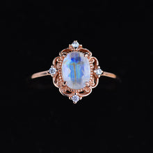 Load image into Gallery viewer, 14K Solid Rose Gold Dainty Natural Moonstone Ring, 2ct Oval Cut Moonstone Ring, Rose Gold Ring Unique Oval Halo Vintage Ring.
