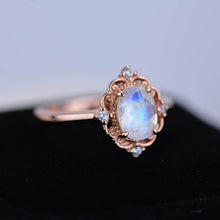 Load image into Gallery viewer, 14K Solid Rose Gold Dainty Natural Moonstone Ring, 2ct Oval Cut Moonstone Ring, Rose Gold Ring Unique Oval Halo Vintage Ring.