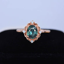 Load image into Gallery viewer, 14K Solid White Gold Dainty Natural Teal Sapphire Ring, 2ct Oval Cut Teal Sapphire Ring, Unique Oval Halo Vintage Ring.