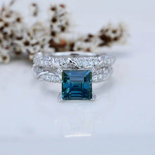Load image into Gallery viewer, 1.5 Carat Princess Cut Teal Sapphire White Gold Floral Engagement Ring Set