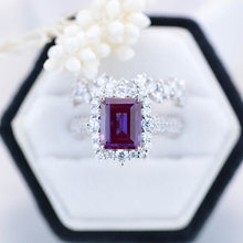 Load image into Gallery viewer, 3Ct Alexandrite Engagement Ring Halo Emerald Cut Alexandrite Engagement Ring, 9x7mm Step Cut Alexandrite Engagement Ring with Eternity Band