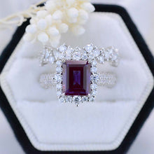 Load image into Gallery viewer, 3Ct Alexandrite Engagement Ring Halo Emerald Cut Alexandrite Engagement Ring, 9x7mm Step Cut Alexandrite Engagement Ring with Eternity Band
