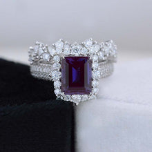Load image into Gallery viewer, 3Ct Alexandrite Engagement Ring Halo Emerald Cut Alexandrite Engagement Ring, 9x7mm Step Cut Alexandrite Engagement Ring with Eternity Band