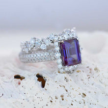 Load image into Gallery viewer, 3Ct Alexandrite Engagement Ring Halo Emerald Cut Alexandrite Engagement Ring, 9x7mm Step Cut Alexandrite Engagement Ring with Eternity Band