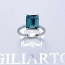 Load image into Gallery viewer, 4 Carat Giliarto Emerald Cut Teal Sapphire Hidden Halo Engagement Ring