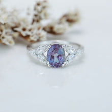 Load image into Gallery viewer, 14K Solid White Gold Dainty Alexandrite Ring, Oval Cut Alexandrite Ring Set, White Gold Ring Unique Vintage Ring